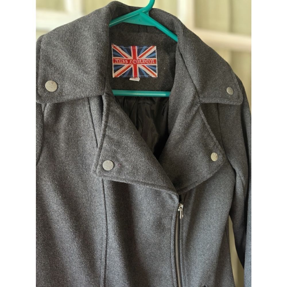 Miss London Womens Medium Charcoal Gray Asymmetric Zip Urban Mod Wool Blend Coat - Picture 7 of 15